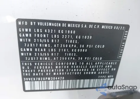 2023 Volkswagen Taos 1.5T S из США, поврежденный, VIN 3VVCX7B2XPM304428